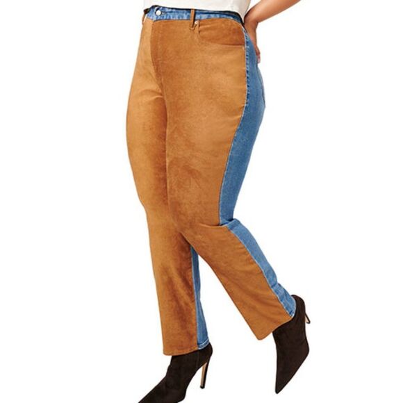 Good American Good Icon Mixed Denim Faux Suede Jeans Plus Size 18 Blue Brown - Picture 1 of 12